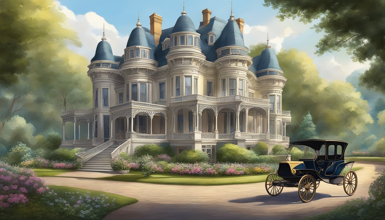 A grand Victorian mansion with ornate architecture, lush gardens, and elegant carriages parked outside, depicting the opulence and refinement of Victorian society
