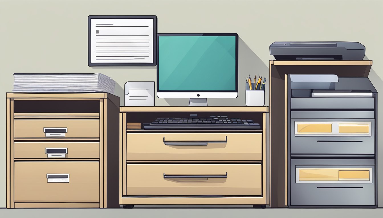 A modern office chest of drawers with labeled folders, a computer, and a printer on top. A stack of papers and a pen holder sit nearby