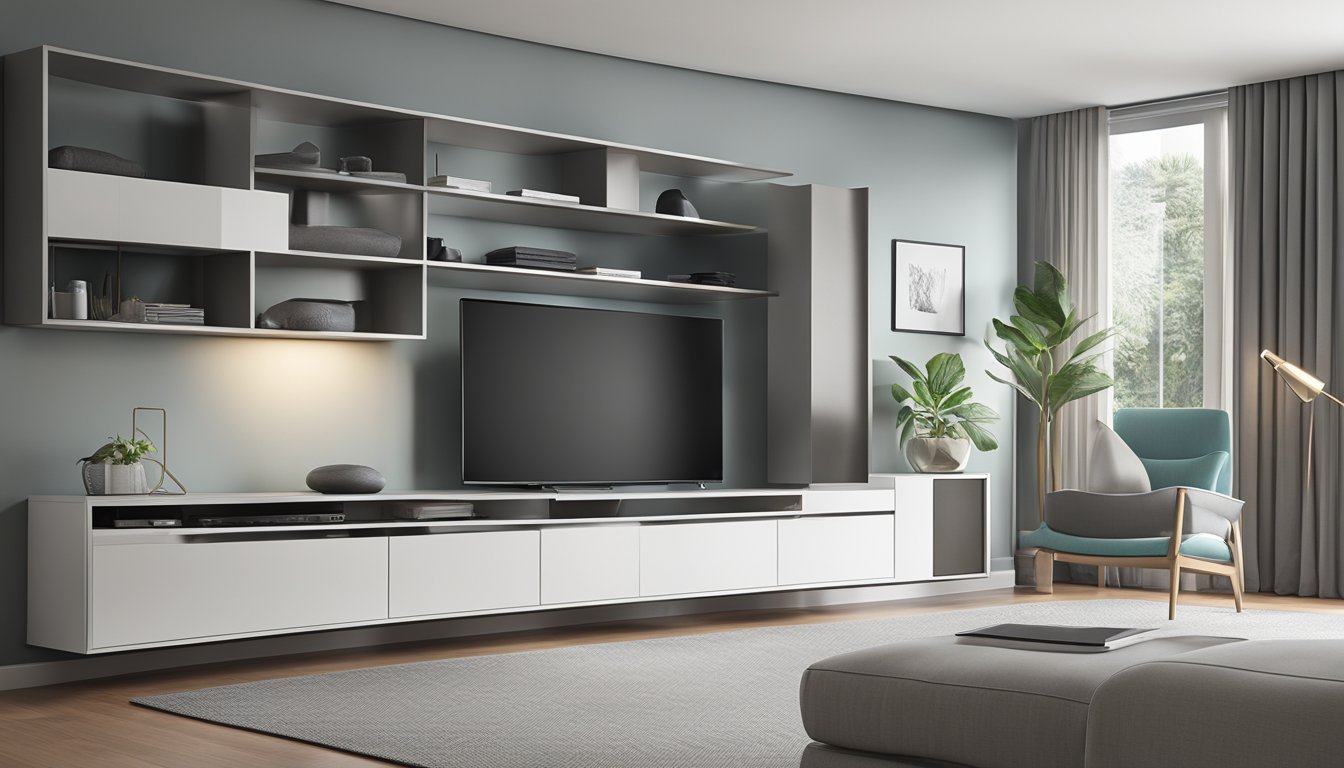 A sleek, modern TV console with clean lines and minimalist design, featuring storage compartments and a floating appearance