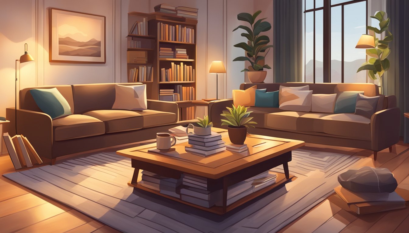 A cozy living room with books on psychology and interior design displayed on a coffee table, a comfortable sofa, and warm lighting