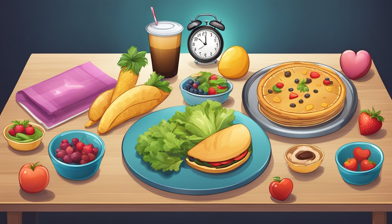 A table with healthy and unhealthy food, a clock showing nighttime, and a heart with a question mark above it