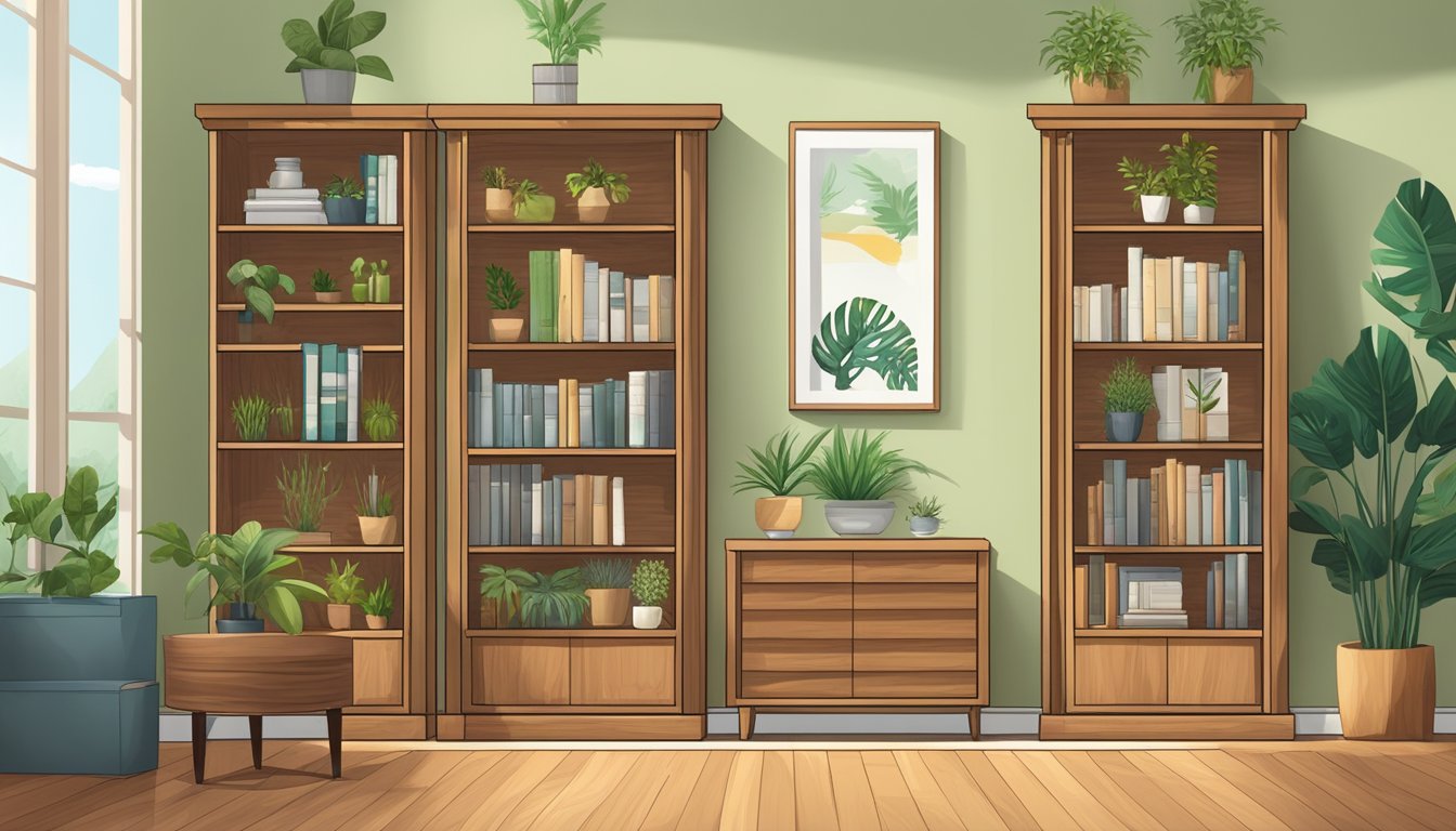 A teak bookcase stands in a well-lit room, surrounded by plants and adorned with exclusive offers and care tips signage