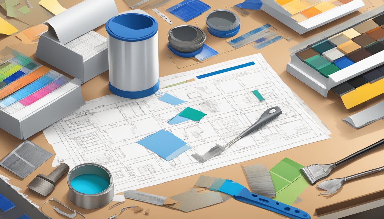 A blueprint of a house with tools, paint swatches, and renovation materials scattered around. A calendar with dates circled and a checklist of tasks pinned to the wall