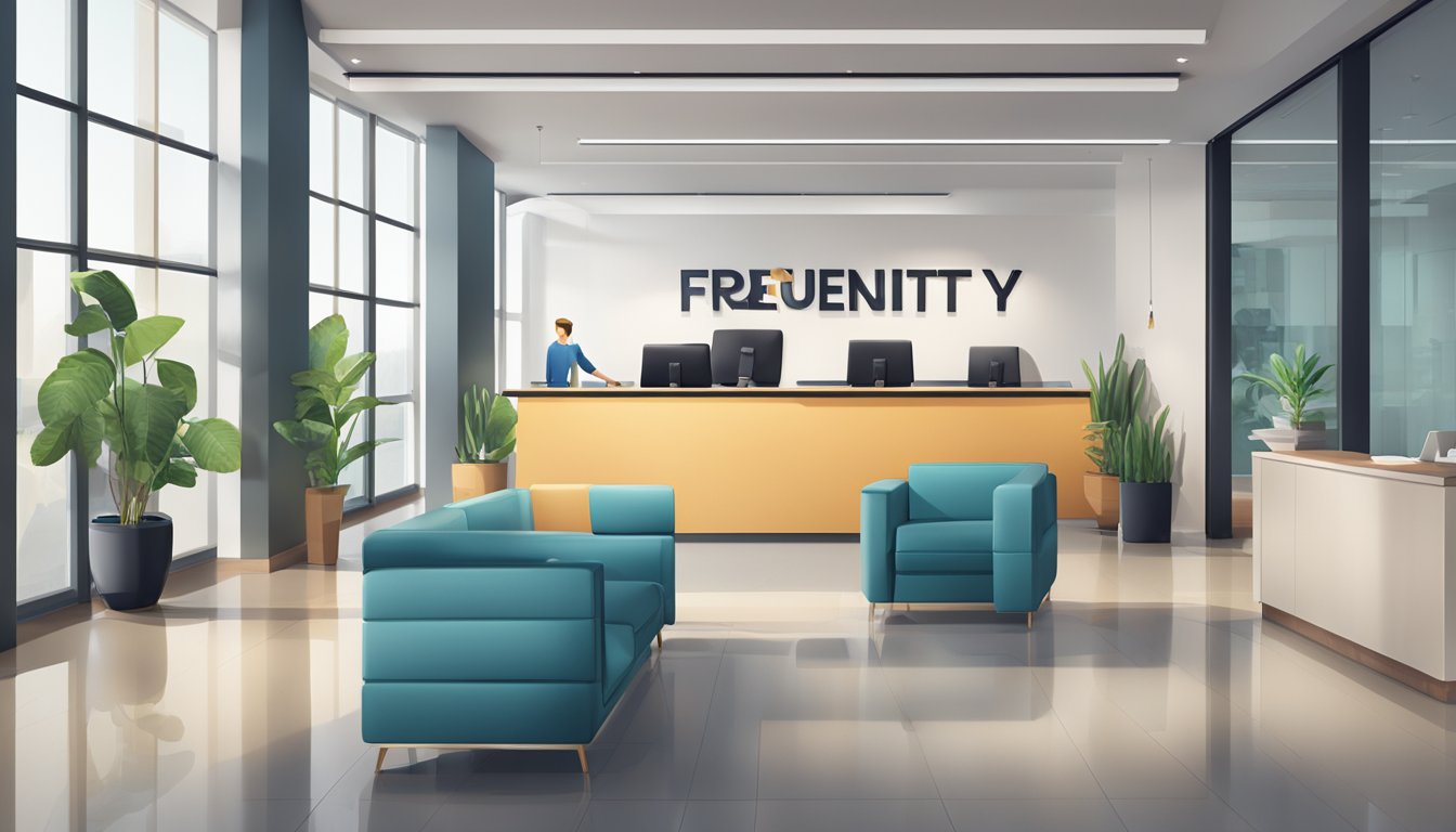 A modern office with a sleek reception area, comfortable seating, and a large, bold "Frequently Asked Questions" sign prominently displayed on the wall