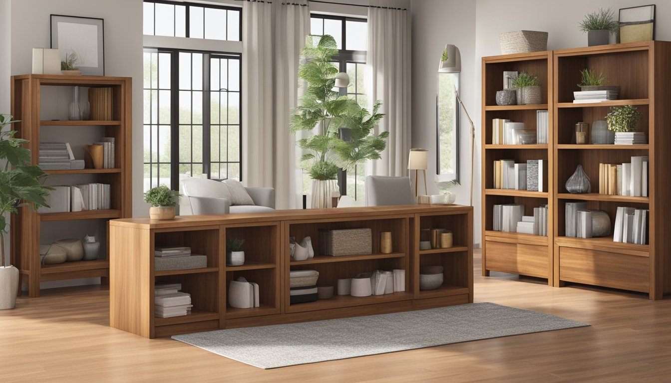 A sleek teak bookcase stands in a well-lit room, showcasing its elegant design and sturdy construction. The warm wood tones complement the surrounding decor, creating a welcoming and organized space