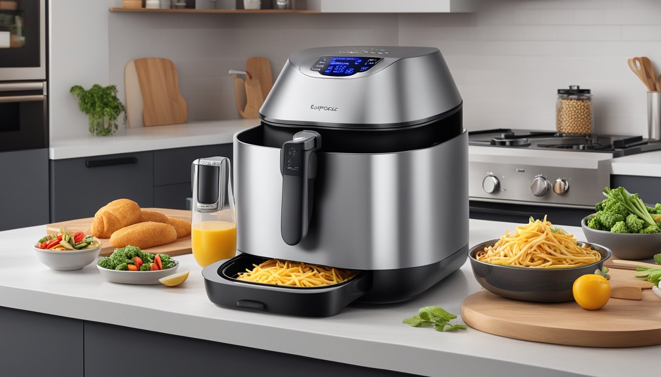 A Europace air fryer sits on a kitchen countertop, surrounded by various ingredients and utensils. The fryer's sleek design and digital display are prominently featured