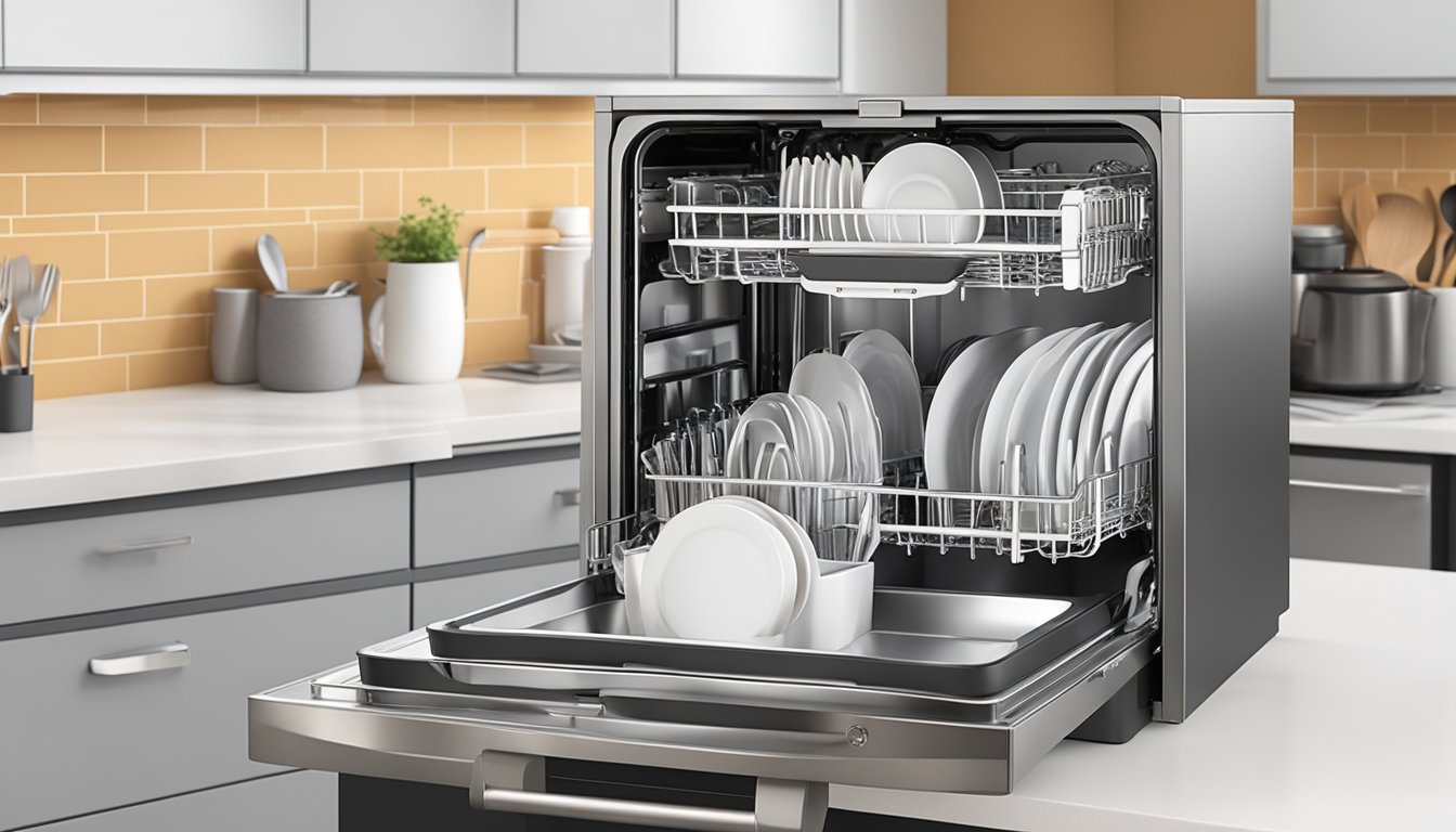 A compact tabletop dishwasher sits on a kitchen counter, surrounded by neatly stacked dishes and utensils. It is plugged in and ready to use, with a clear "Frequently Asked Questions" manual nearby