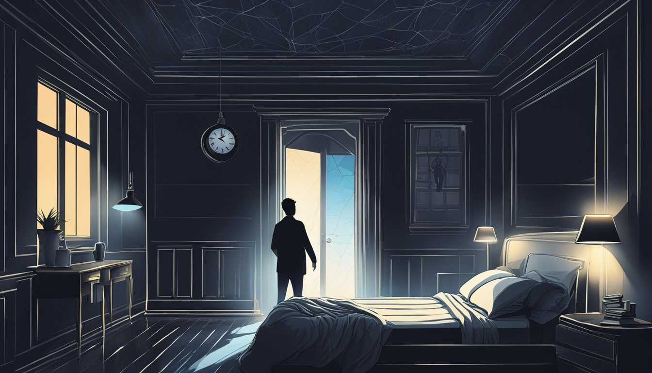 A dark room with a glowing clock, a bed, and a person's silhouette tossing and turning. The person's chest rises and falls irregularly as their heart skips beats
