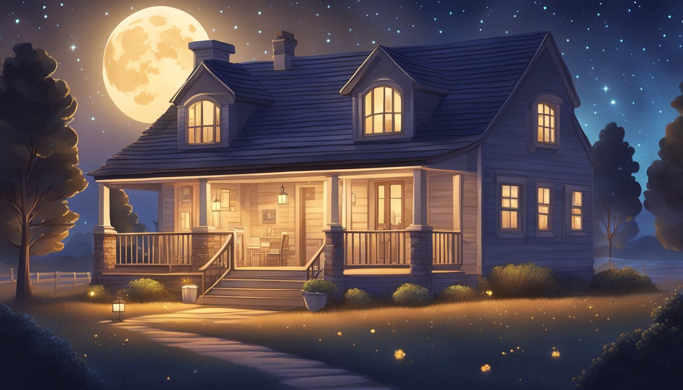 A cozy homestead under a starry sky, with a glowing sign reading "Frequently Asked Questions" and a warm, welcoming atmosphere