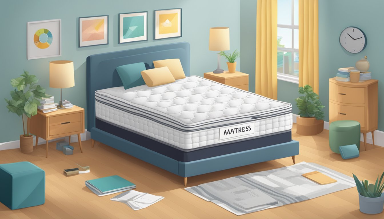 A mattress with a "Frequently Asked Questions" label, surrounded by a calendar, clock, and various household items