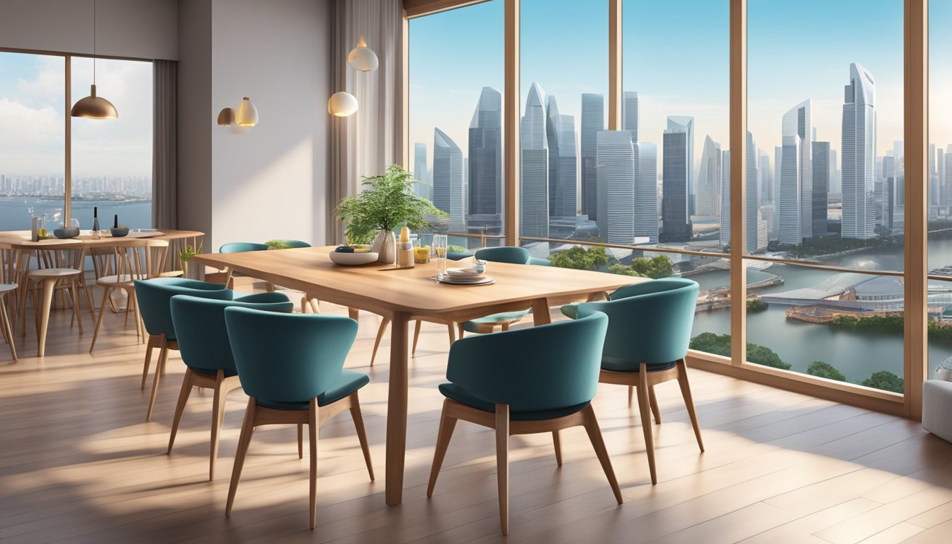 A wooden dining table in Singapore, set with elegant tableware and surrounded by modern chairs, sits in a spacious, sunlit room with a view of the city skyline
