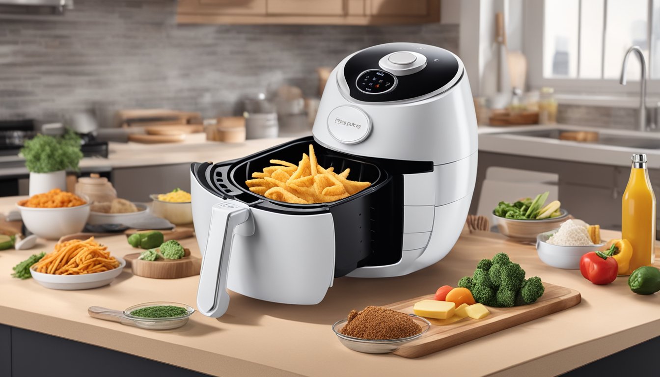 The Europace air fryer sits on a kitchen countertop, surrounded by various ingredients and utensils. Steam rises from the hot appliance as it cooks a crispy, golden meal