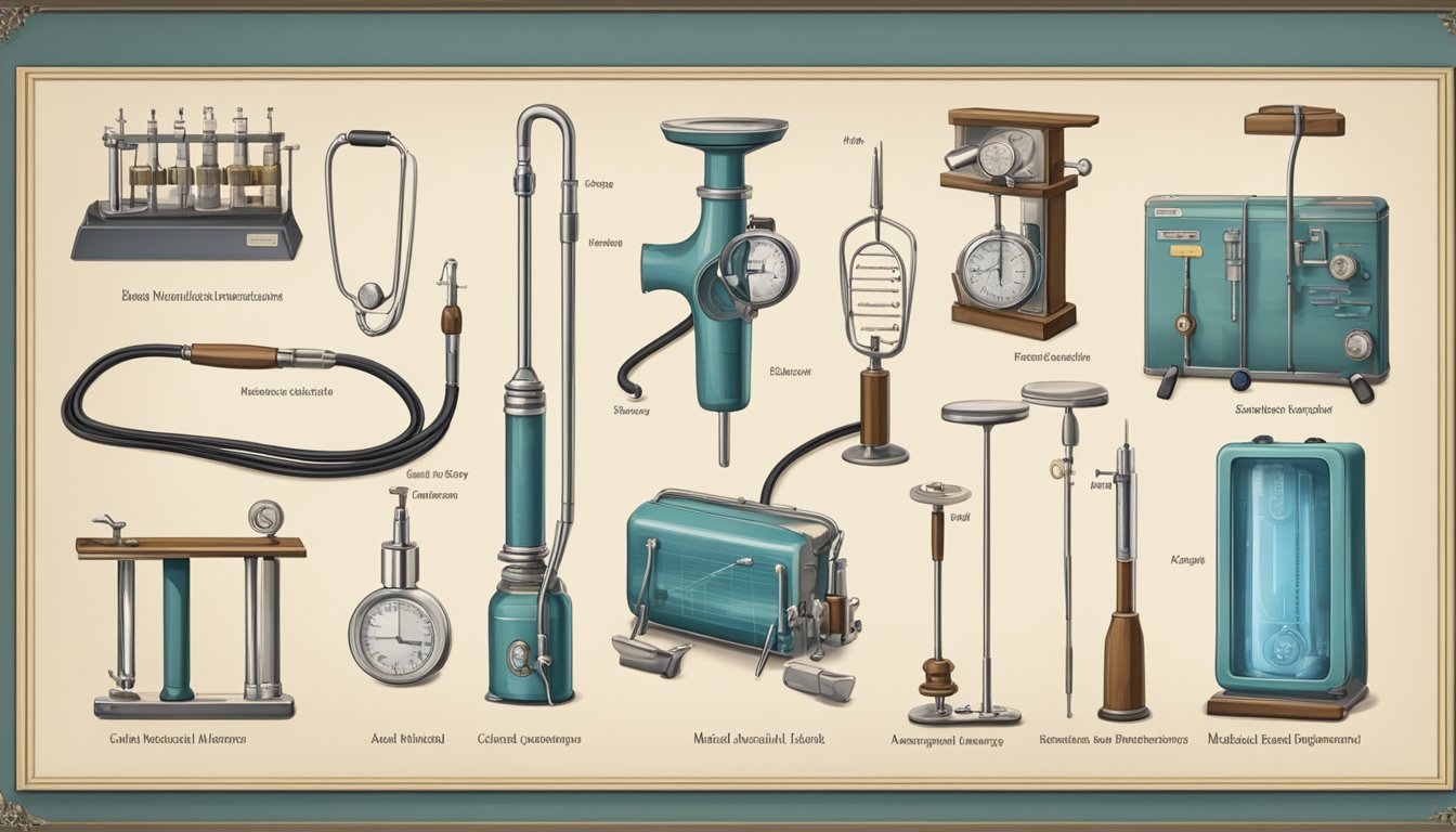 Medical tools and equipment from different eras in cardiology history displayed in a chronological order