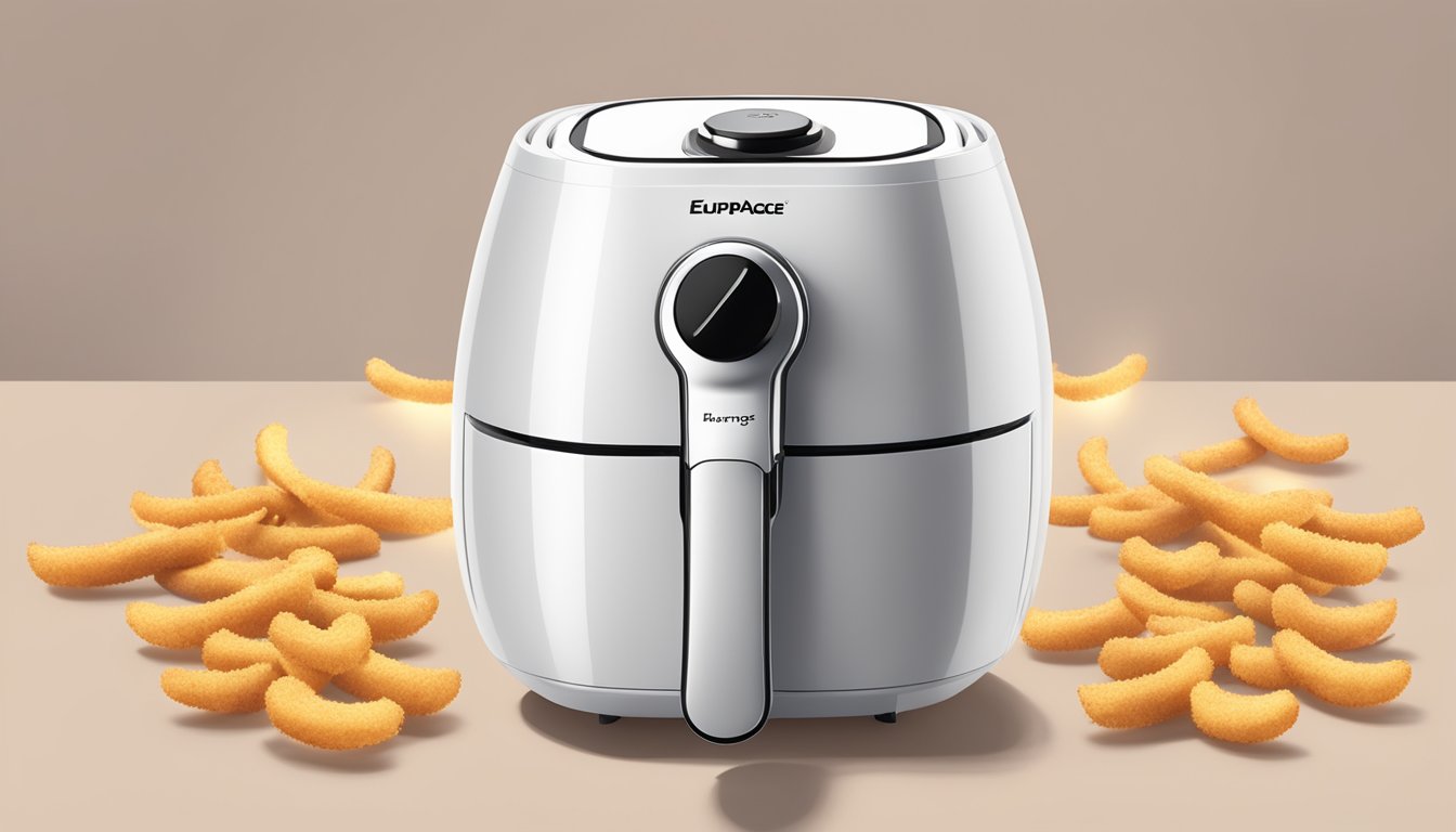 A Europace air fryer surrounded by floating question marks, with a spotlight shining down on it