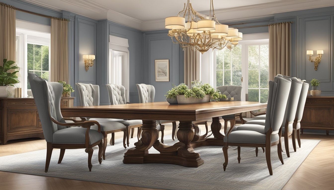 A beautifully crafted wooden dining table sits in a well-lit room, surrounded by elegant chairs. The table's smooth surface and intricate details showcase its exquisite craftsmanship
