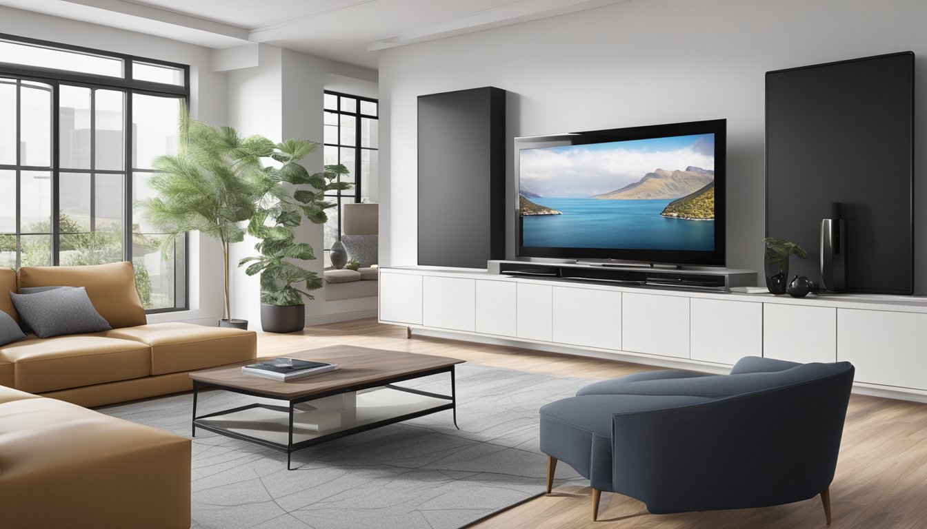 A sleek black TV console stands against a white wall, with a large flat-screen TV mounted above it. The console has multiple shelves and cabinets for storage, and a clean, modern design