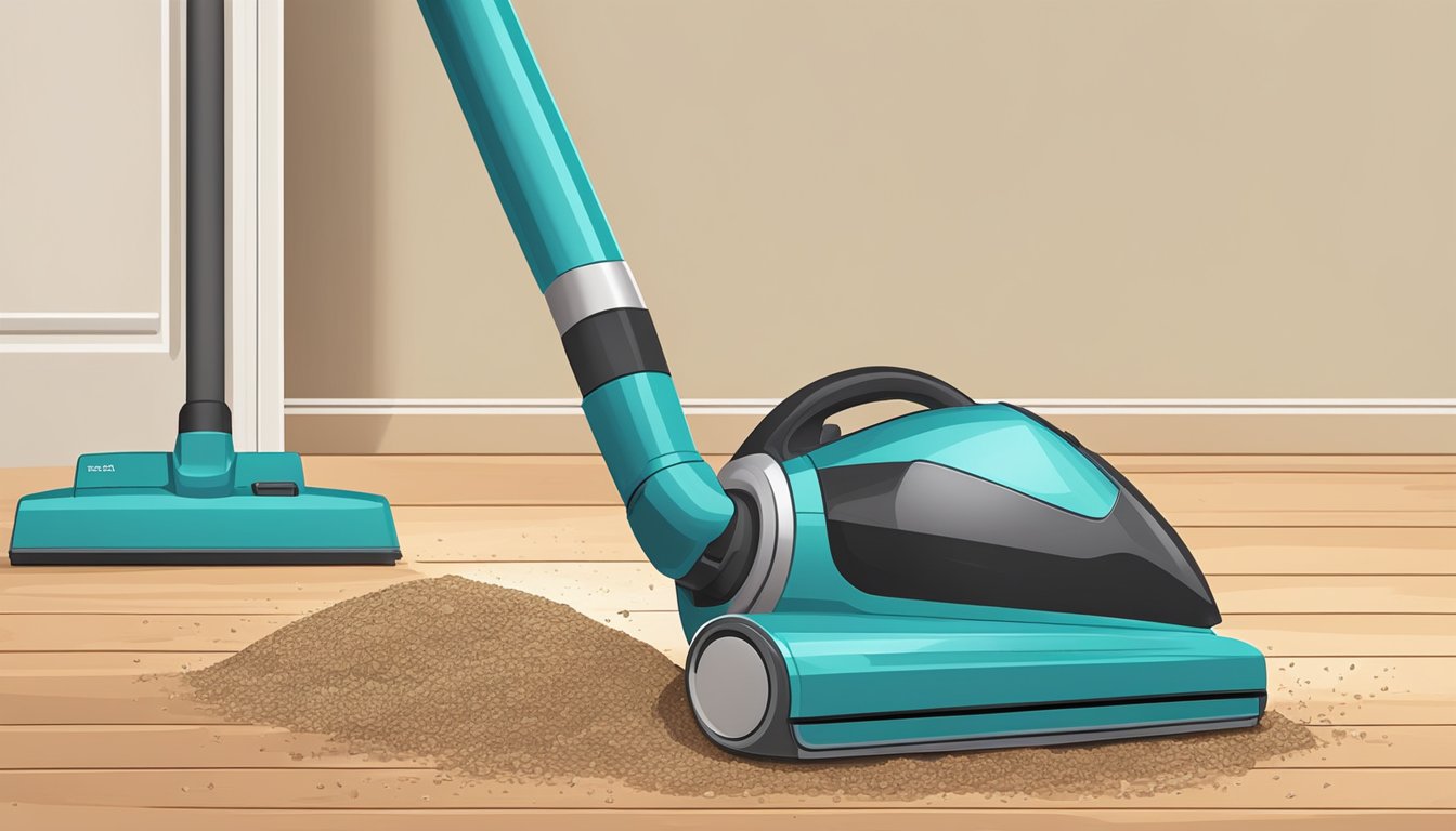 A cordless handheld vacuum sits on a clean, hardwood floor next to a pile of crumbs and dust
