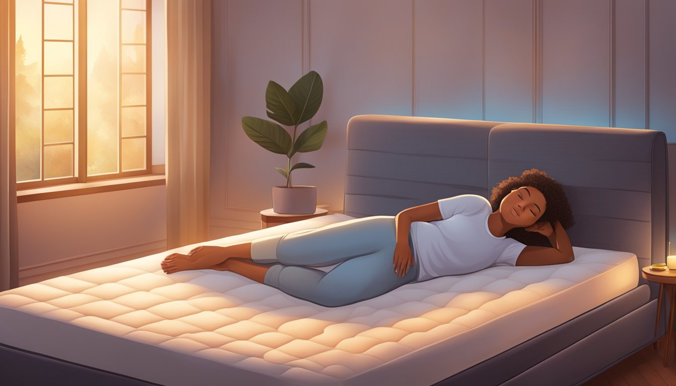 A person lying comfortably on a 4-star mattress, surrounded by a peaceful and serene atmosphere, with a soft glow of light illuminating the room