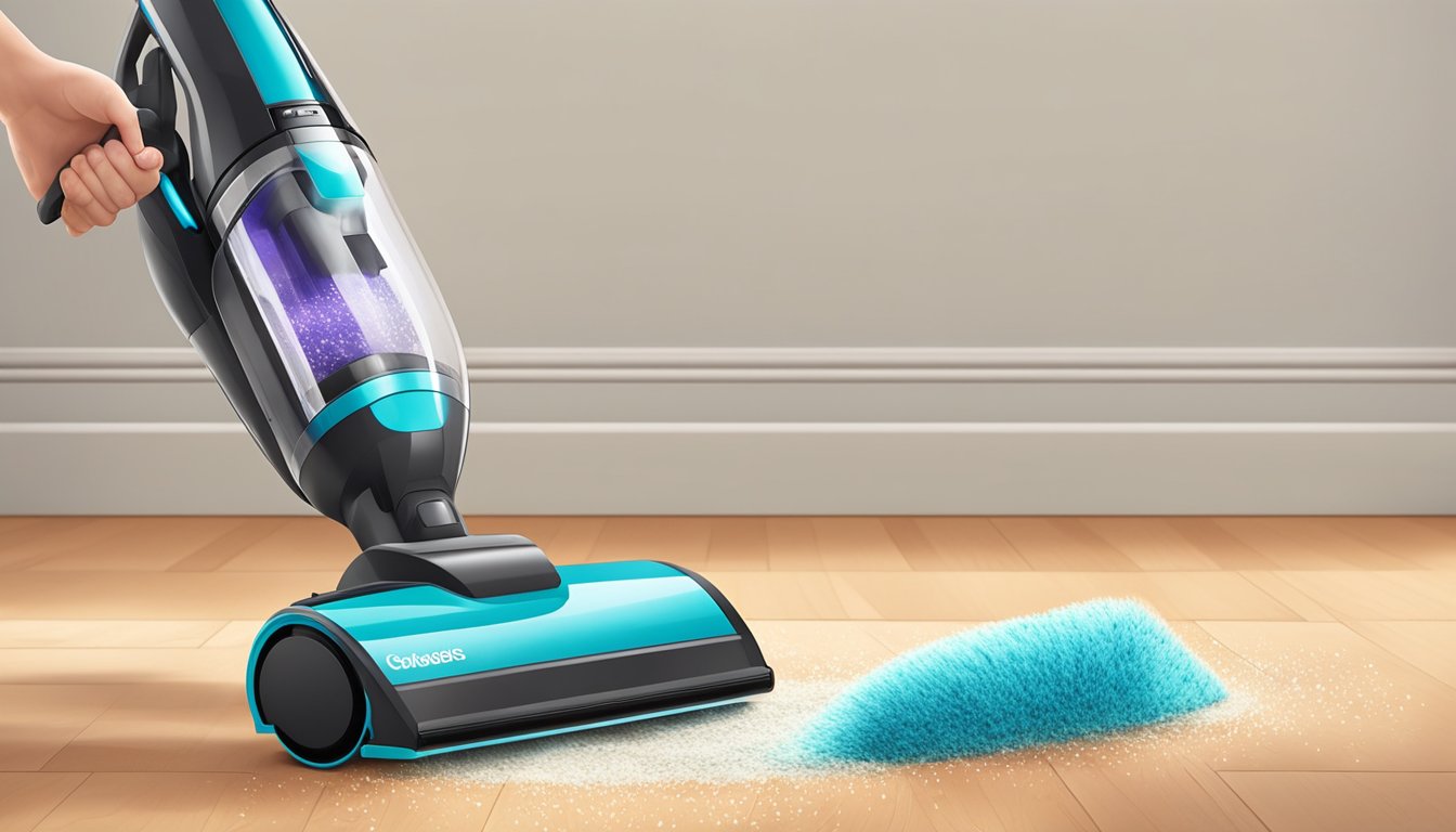 A cordless handheld vacuum hovers over scattered crumbs and pet hair on a hardwood floor, with its sleek design and rotating brush head highlighted