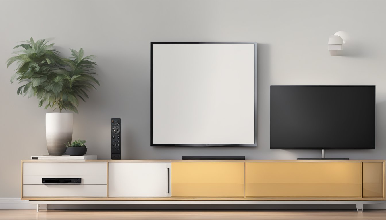 A sleek, modern TV console with clean lines and minimalist design, showcasing a range of electronic devices and stylish decor