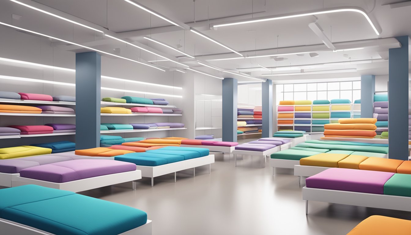 A brightly lit showroom with rows of colorful mattresses, displayed on sleek platforms with modern signage, in a spacious and organized layout