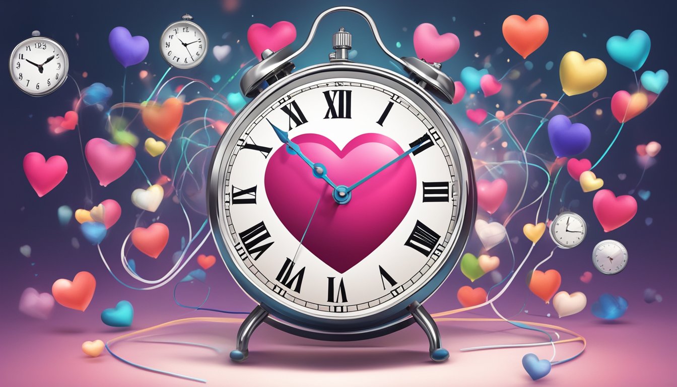 A heart-shaped clock with a skipping beat at midnight, surrounded by various treatment options floating in the air