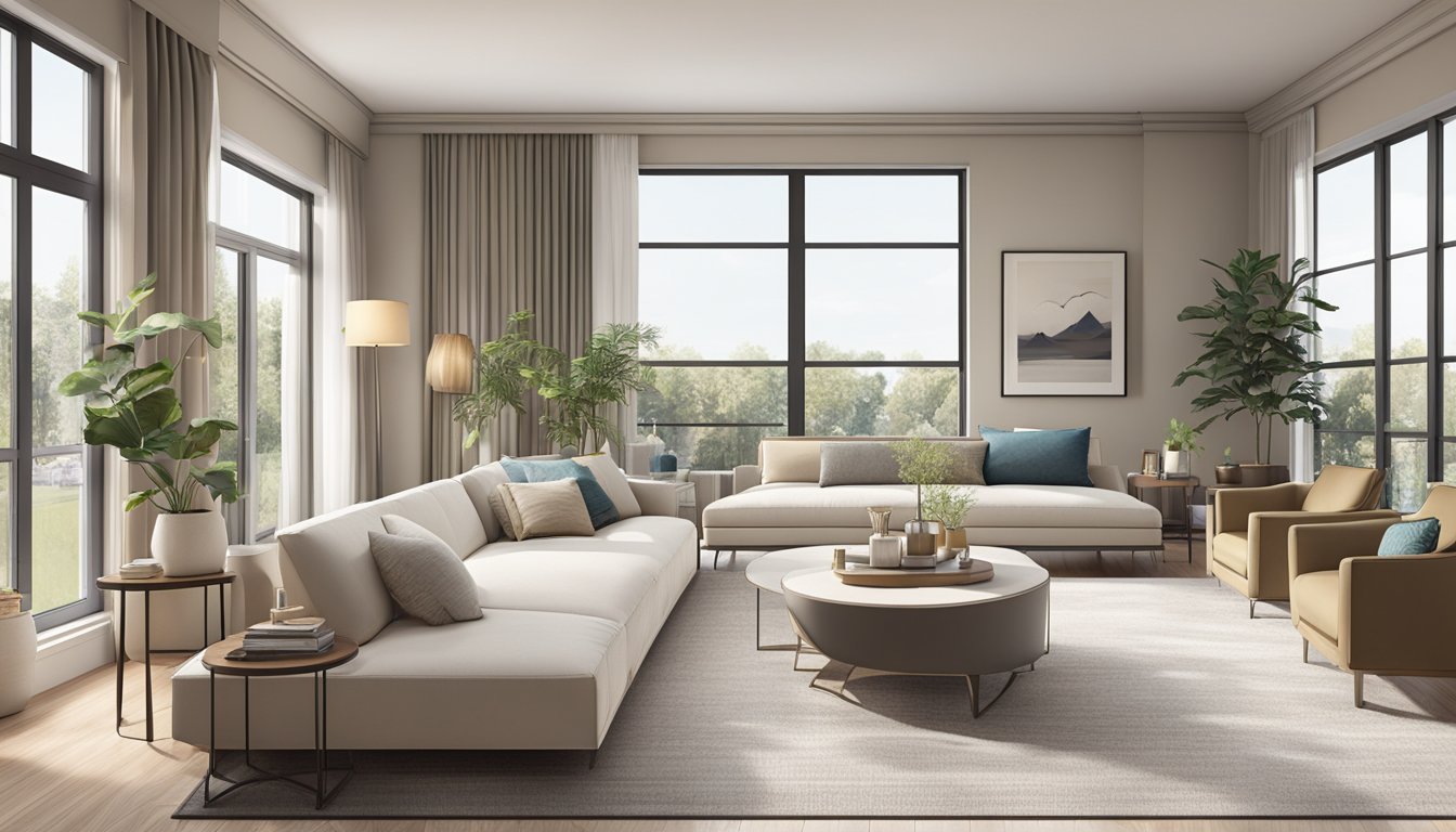 A spacious 3 to 4 room design with modern furniture, large windows, and a neutral color palette