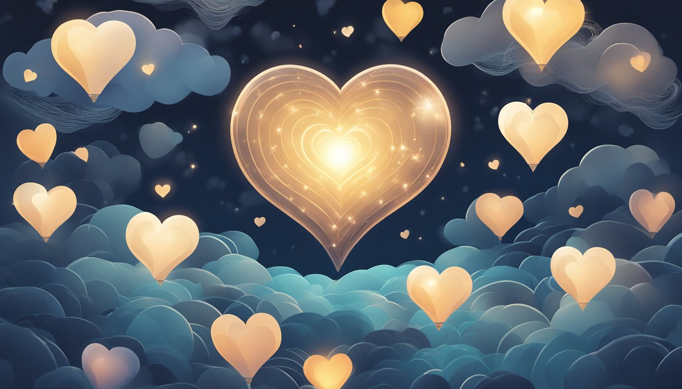 A heart-shaped object illuminated by moonlight, surrounded by floating question marks