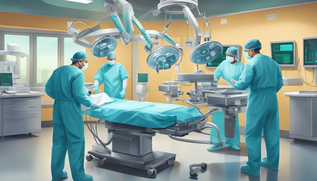 A cardiac surgeon performing a delicate procedure in a sterile operating room, surrounded by advanced medical equipment and a team of focused professionals