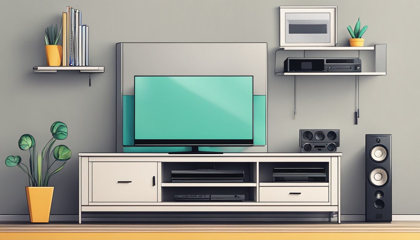 A TV console sits against a plain wall, with minimalistic design and cheap materials. The console is cluttered with various electronic devices and cables