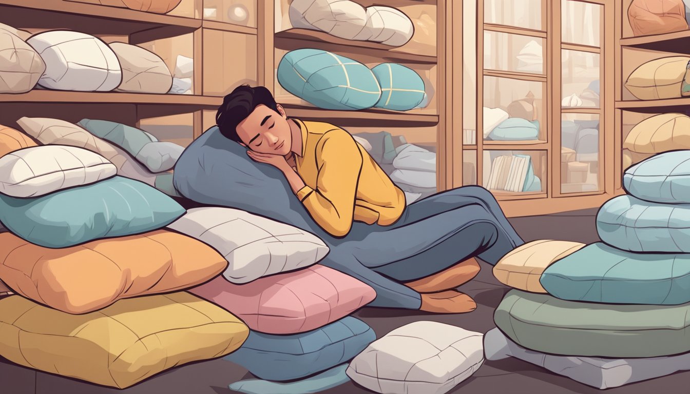 A person trying out different pillows in a store, surrounded by various options and holding a pillow to their face with a satisfied expression