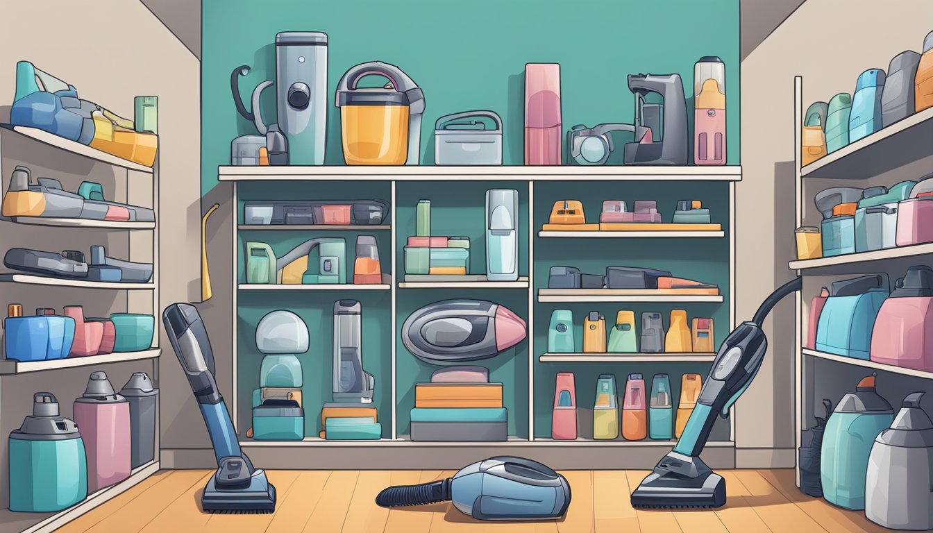 A hand reaches for a cordless handheld vacuum on a store shelf, surrounded by various vacuum models and accessories