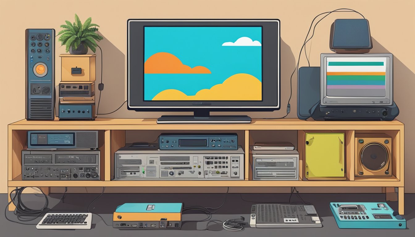 A TV console with a "Frequently Asked Questions" label, surrounded by various electronic devices and cables