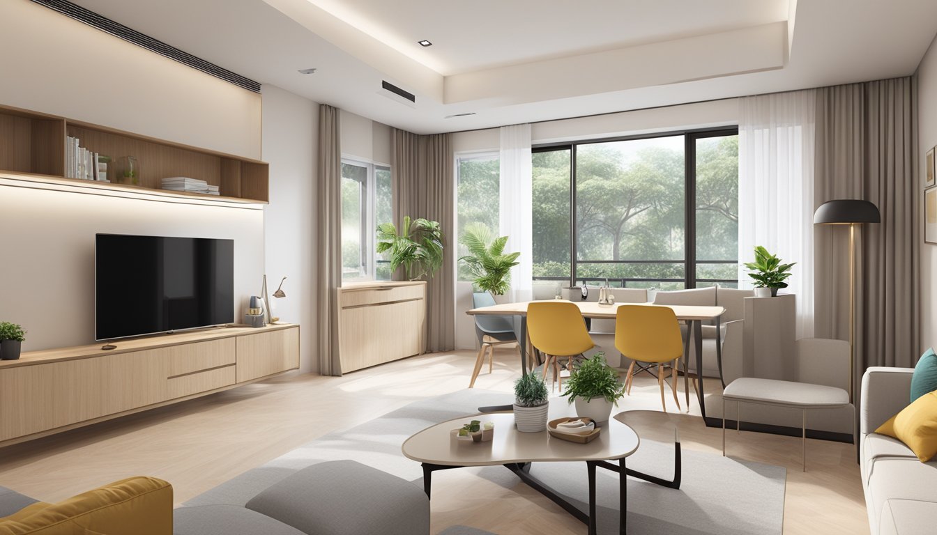 A spacious 4-room BTO flat being renovated with modern fixtures and furniture. Bright, neutral colors and clean lines create a contemporary and practical living space