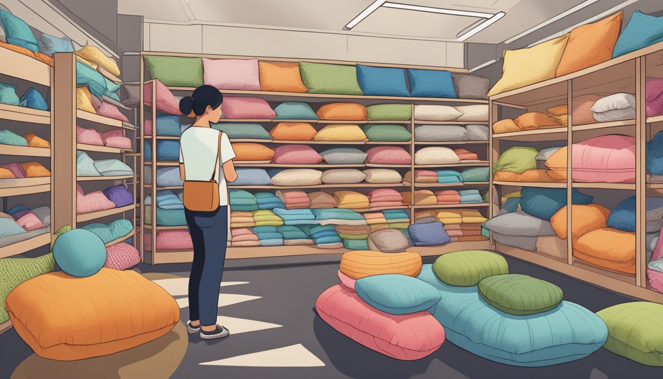 A customer examines a variety of pillows in a Singaporean home goods store, surrounded by colorful displays and shelves filled with different textures and sizes