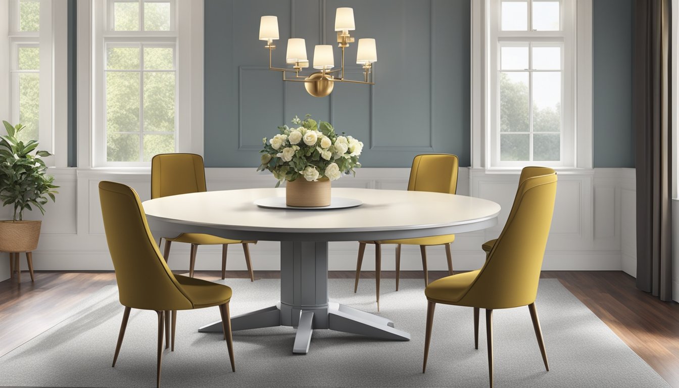 A round table extends to seat more guests, with a smooth, polished surface and sturdy legs