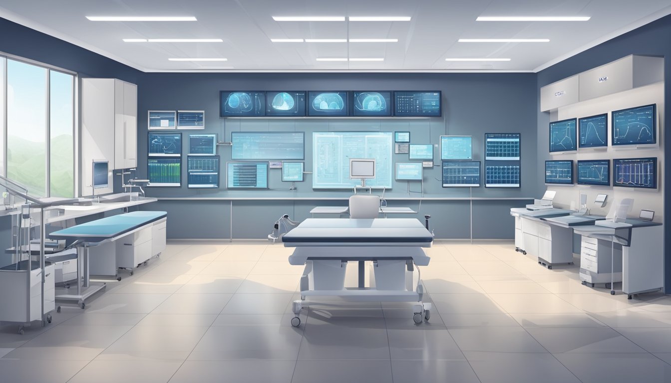 A modern cardiology lab with advanced equipment, monitors, and charts. A timeline of cardiology breakthroughs on the wall