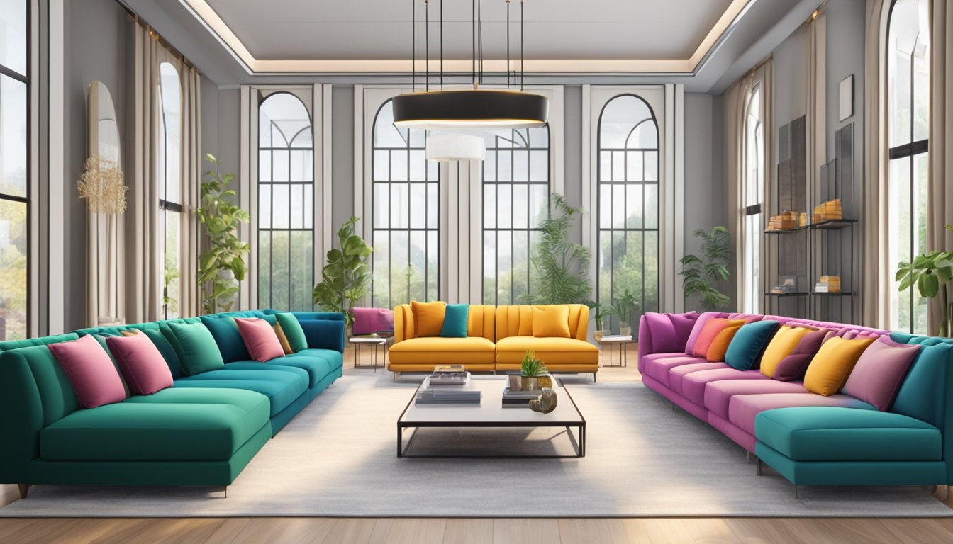 A spacious showroom filled with rows of colorful and luxurious sofas, arranged in an inviting and organized display