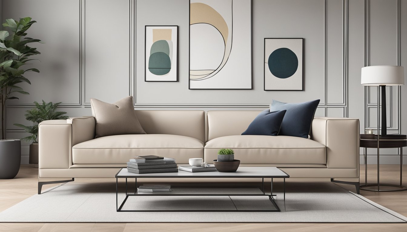 A sleek, modern sofa stands in a minimalist living room, surrounded by clean lines and neutral colors. The sofa features smooth leather upholstery and sleek metal accents, exuding a contemporary and sophisticated vibe