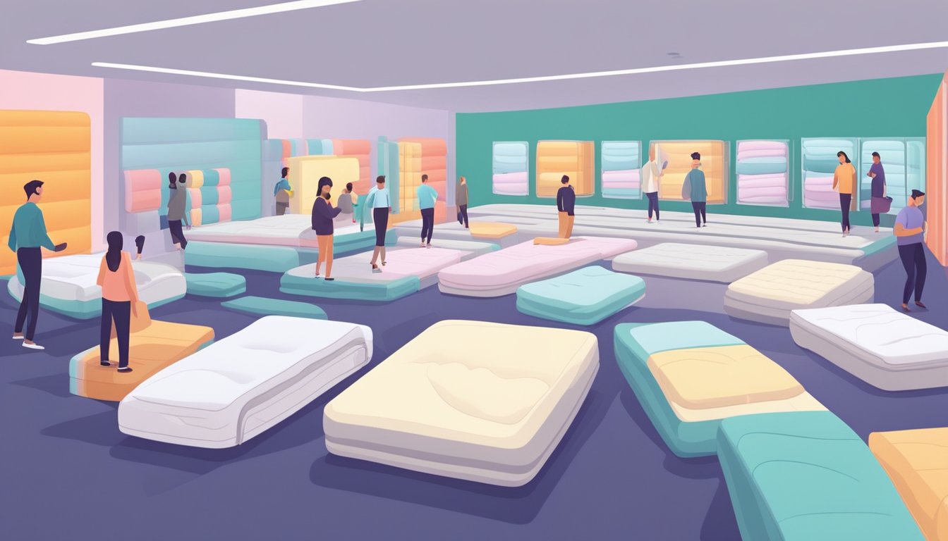 Customers browsing through rows of mattresses, trying out different firmness levels and sizes. Salespeople assisting and explaining features. Brightly lit showroom with colorful displays