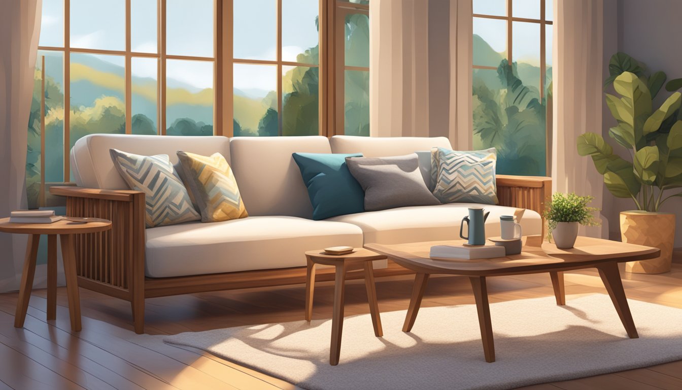 A 2-seater wooden sofa sits in a sunlit room, adorned with plush cushions and a cozy throw blanket