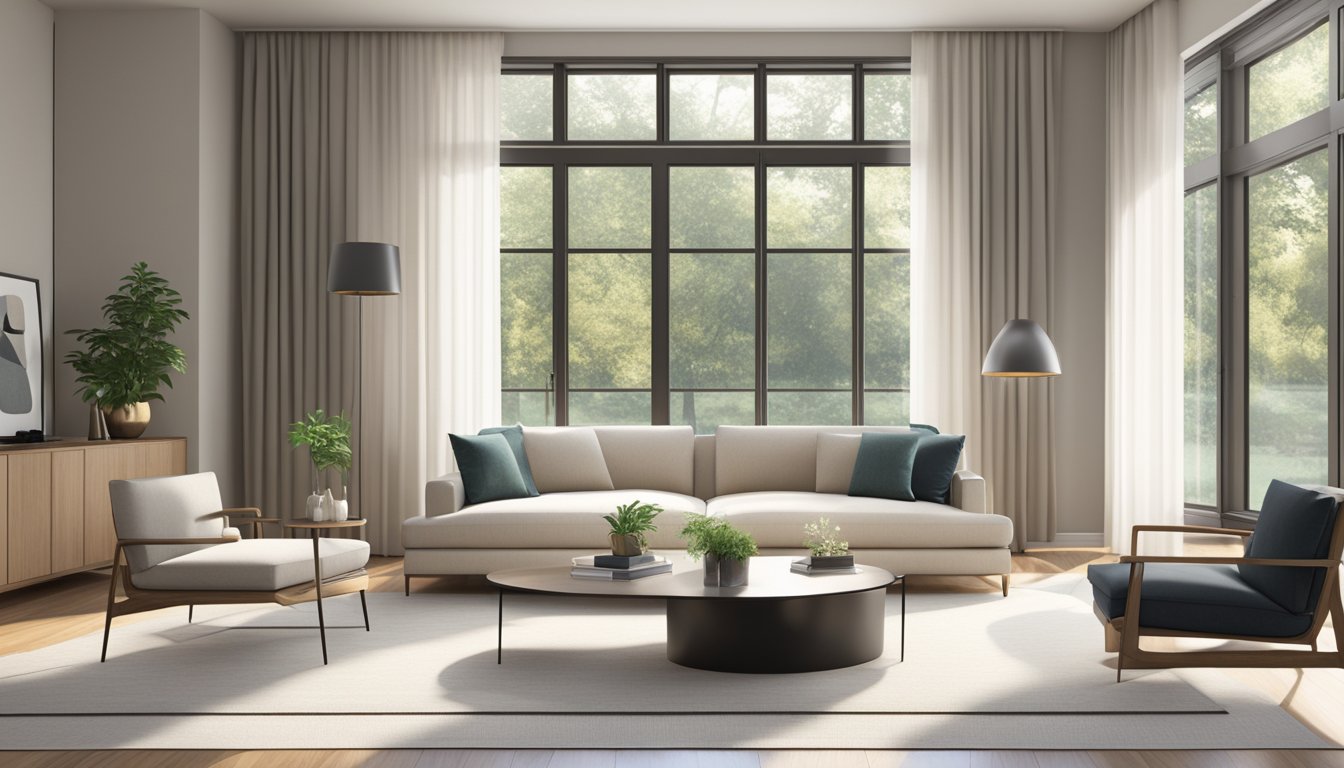 A spacious, uncluttered living room with clean lines, neutral colors, and sleek furniture. Large windows allow natural light to fill the room, creating a serene and tranquil atmosphere