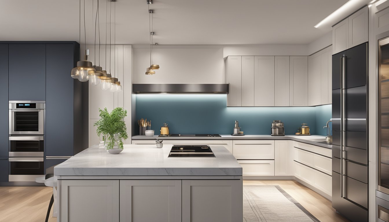 A sleek, modern kitchen with a row of designer hoods above the stovetop, illuminated by soft overhead lighting