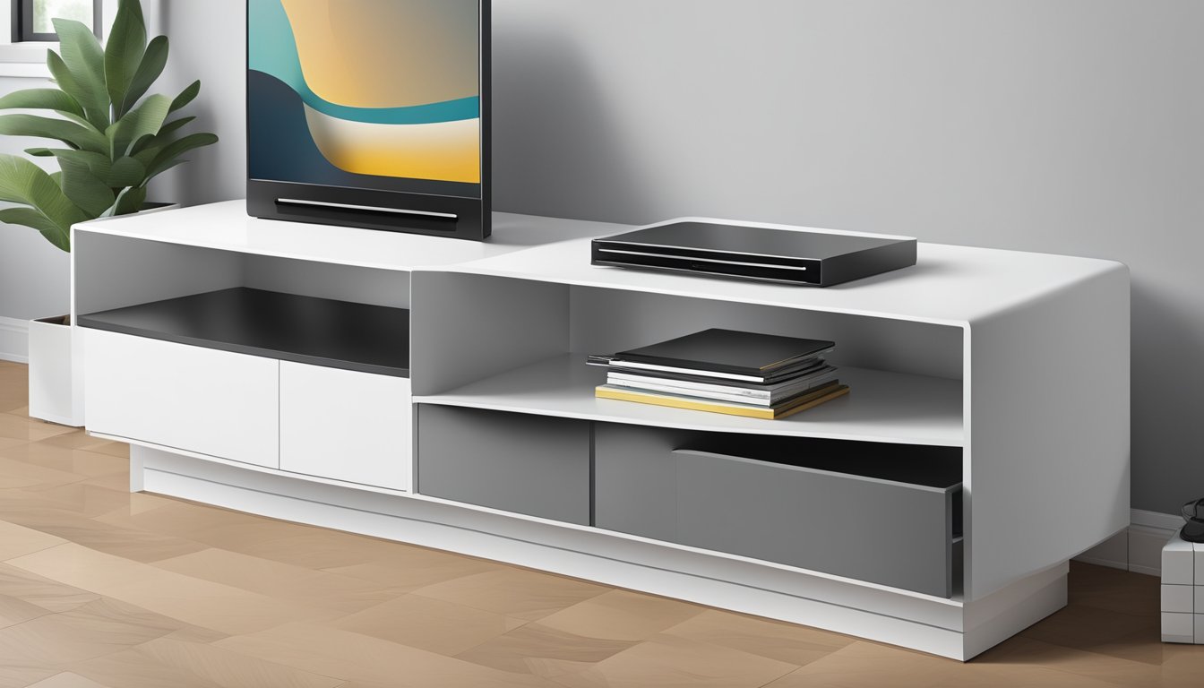 A sleek TV console with open and closed storage compartments, a wide top surface, and modern design