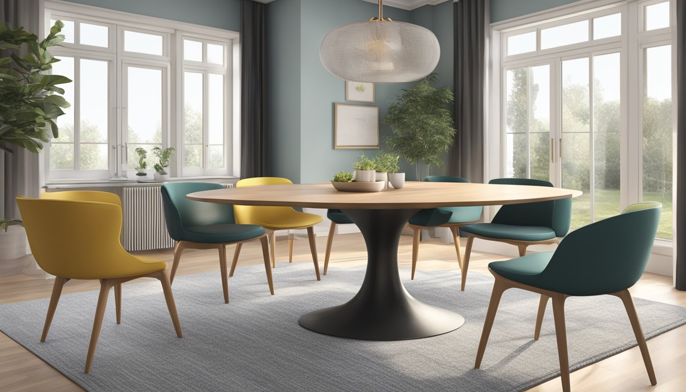 An extendable round table with modern design, surrounded by stylish chairs, placed in a spacious and well-lit dining room