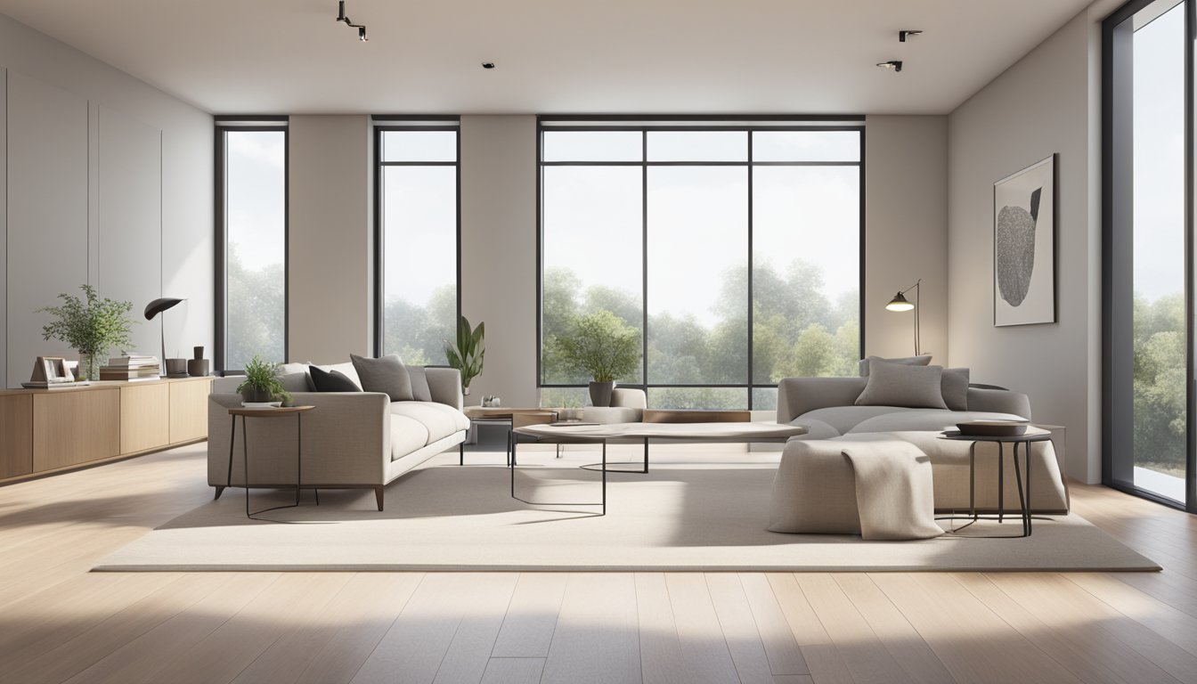 A sleek, open space with clean lines, neutral colors, and minimal decor. A large window lets in natural light, illuminating the simple, functional furniture