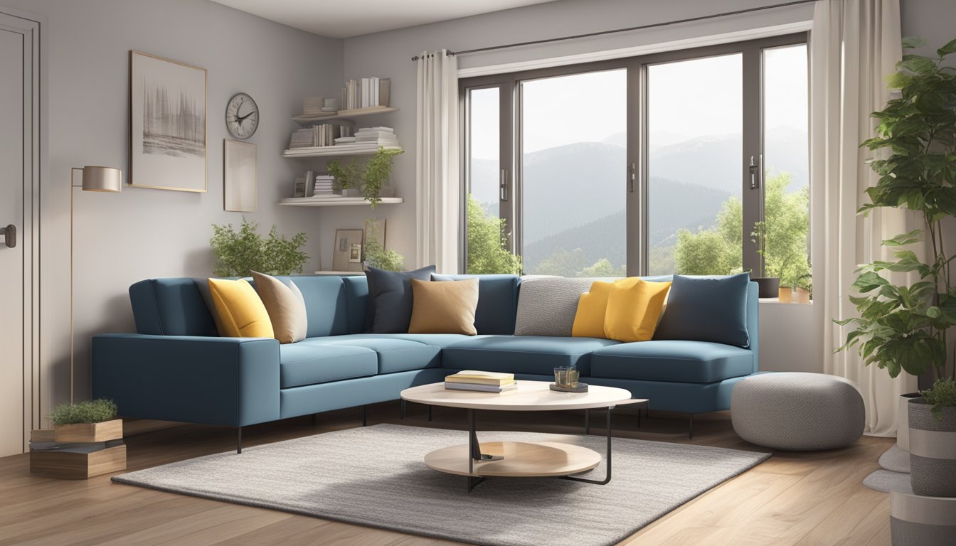 A modern sofa in a small living room, with built-in storage and adjustable features to maximize space