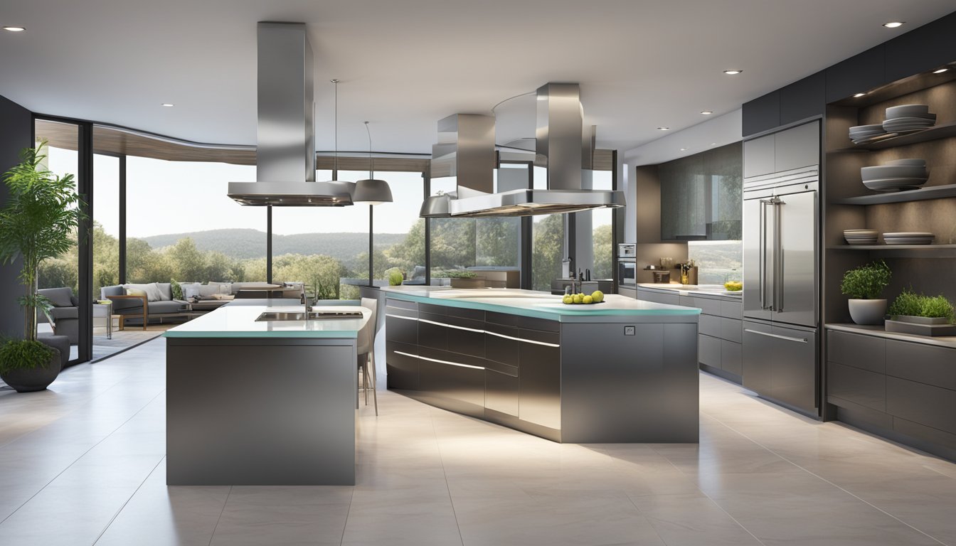 A sleek, modern kitchen with high-end appliances and a stunning designer hood as the focal point. Stainless steel, glass, and clean lines create a luxurious and functional space