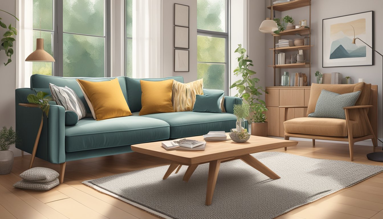 A 2-seater wooden sofa in a spacious, well-lit living room with a cozy throw and decorative pillows
