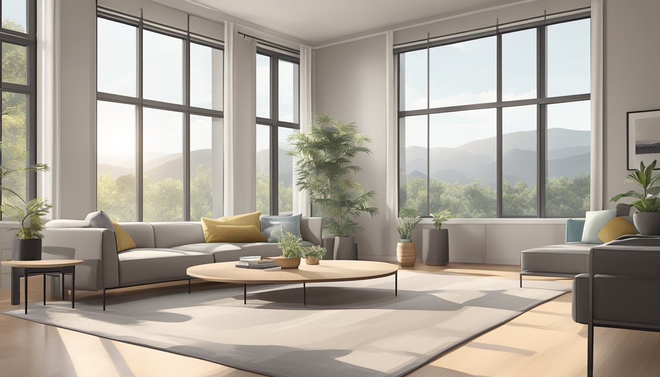 A spacious, uncluttered room with clean lines, neutral colors, and minimal furniture. Large windows allow natural light to fill the space, creating a serene and peaceful atmosphere
